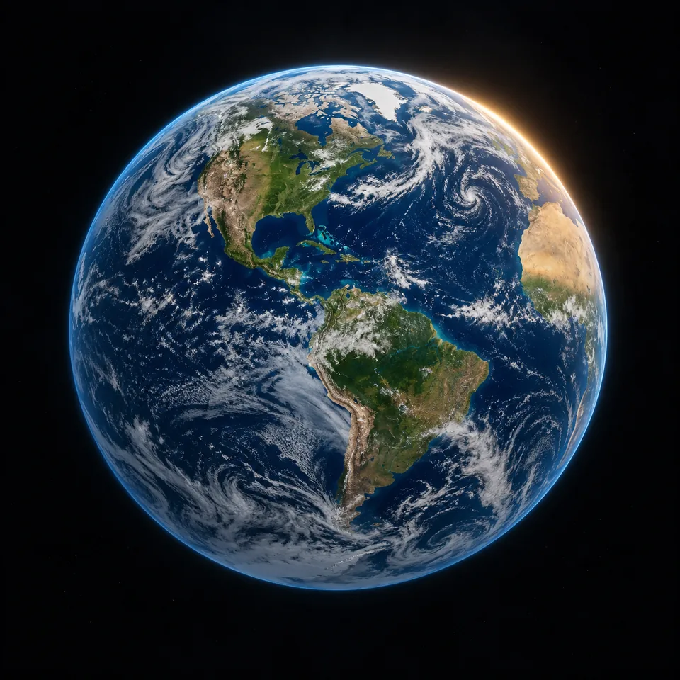 Earth seen from space, illuminated by a warm light along its horizon.